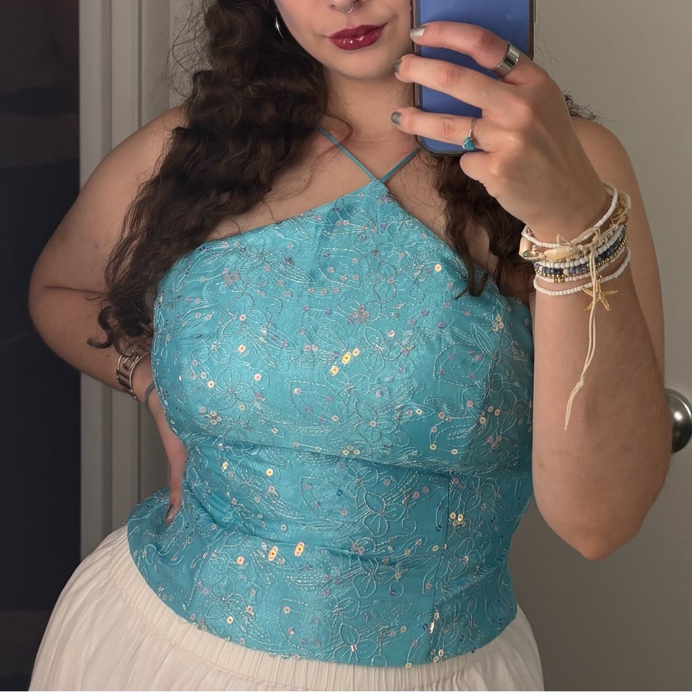 Blondie Nites Turquoise Embroidered Top